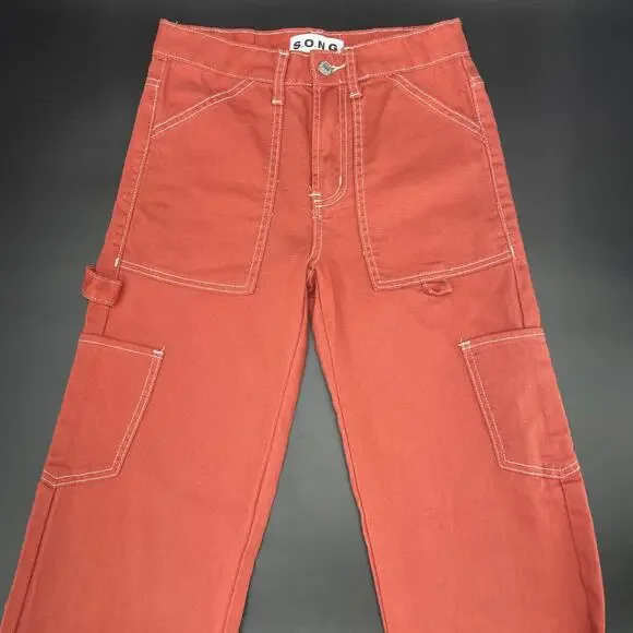 NWT S.O.N.G. Womens 0/24 Orange Cargo Carpenter Low Rise Jeans Y2K Slouchy Baggy - Picture 6 of 9